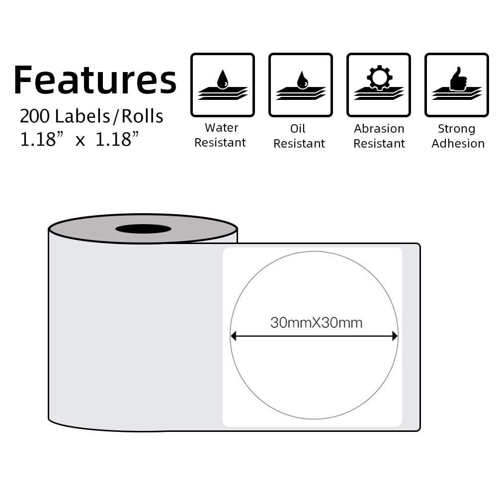 30 X 30mm Round White For M110/M120/M200/M220/M221 - 1 Roll - Phomemo