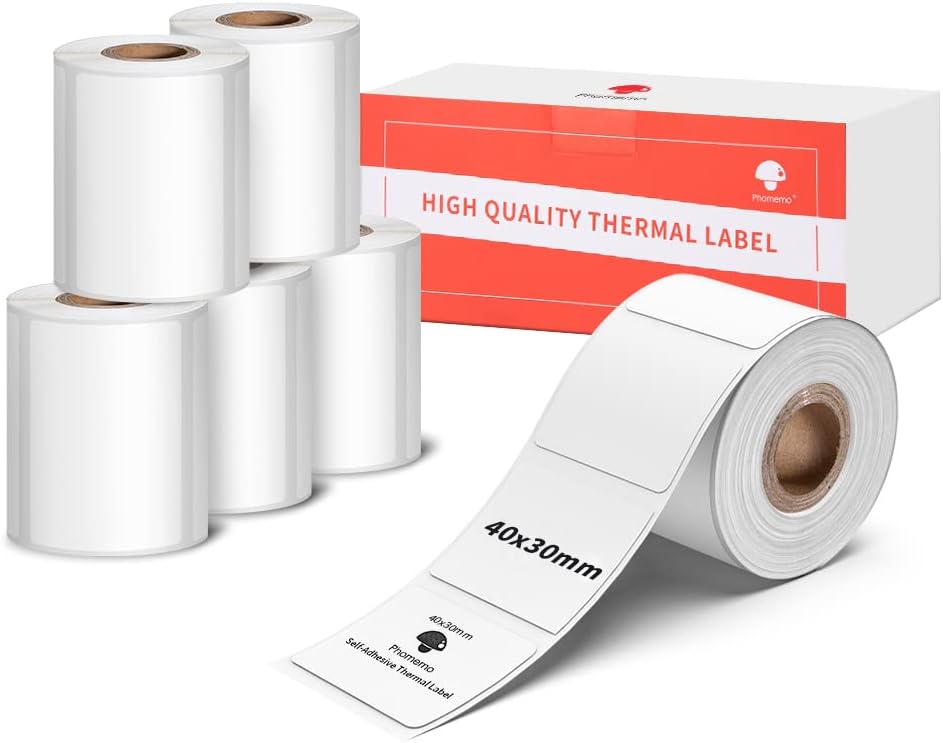 6 Pack-Phomemo M120/M110 Printer Labels 6 Rolls 40x30mm Direct Thermal Self Adhesive Labelling Labels, M110/M120/M220/M200, Barcode, Address, Price