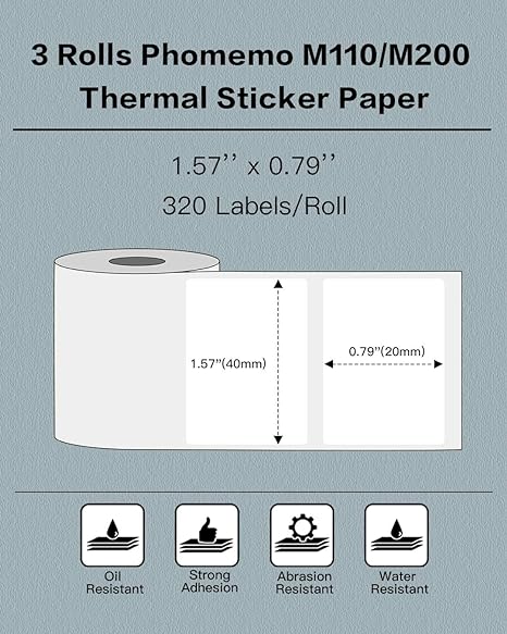 40 X 20mm Square White for M110/M120/M200/M220/M221 - 3 Rolls - Phomemo