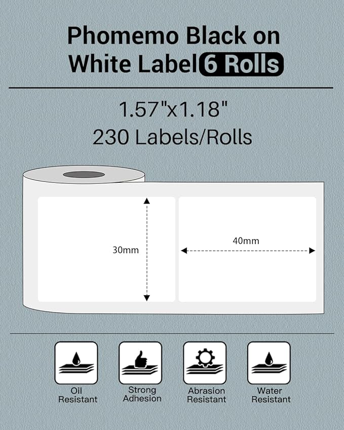 Phomemo 40mmx30mm Square Thermal Label for M110/ M220/ M221/ M120/ M200-6 Roll