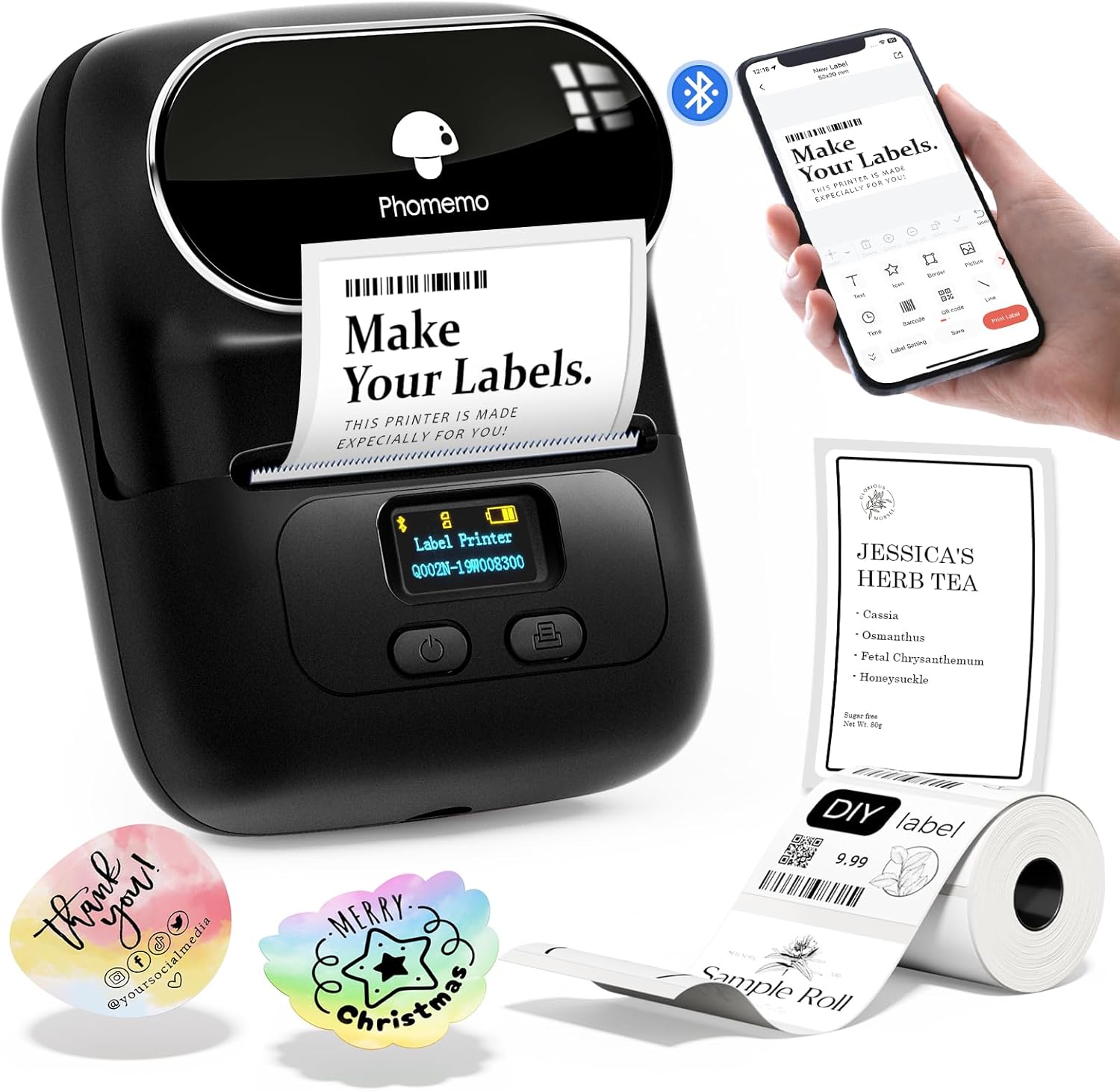 Phomemo M110 Label Maker, Upgraded Thermal Label Printer for Phone and Windows/Mac, 2 Inch Portable Label Maker Machine for Clothing, Jewellery, Retail, Address, Barcode, With 100 Labels