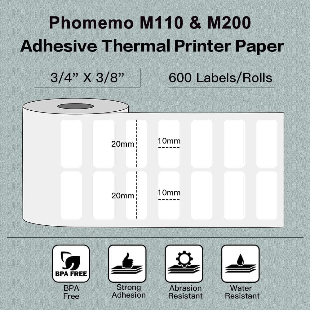 20 X 10mm Square White For M110/M120/M200/M220/M221 - 1 Roll - Phomemo