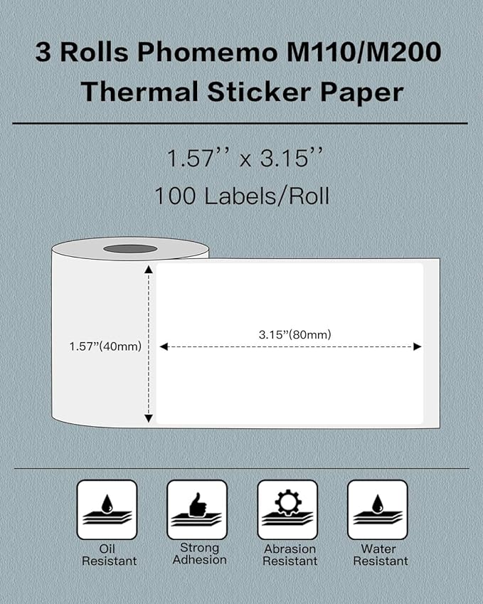 40 X 80mm Square Thermal Black on white Paper For M110/M221/M220/M120/M200-3 Rolls-Phomemo