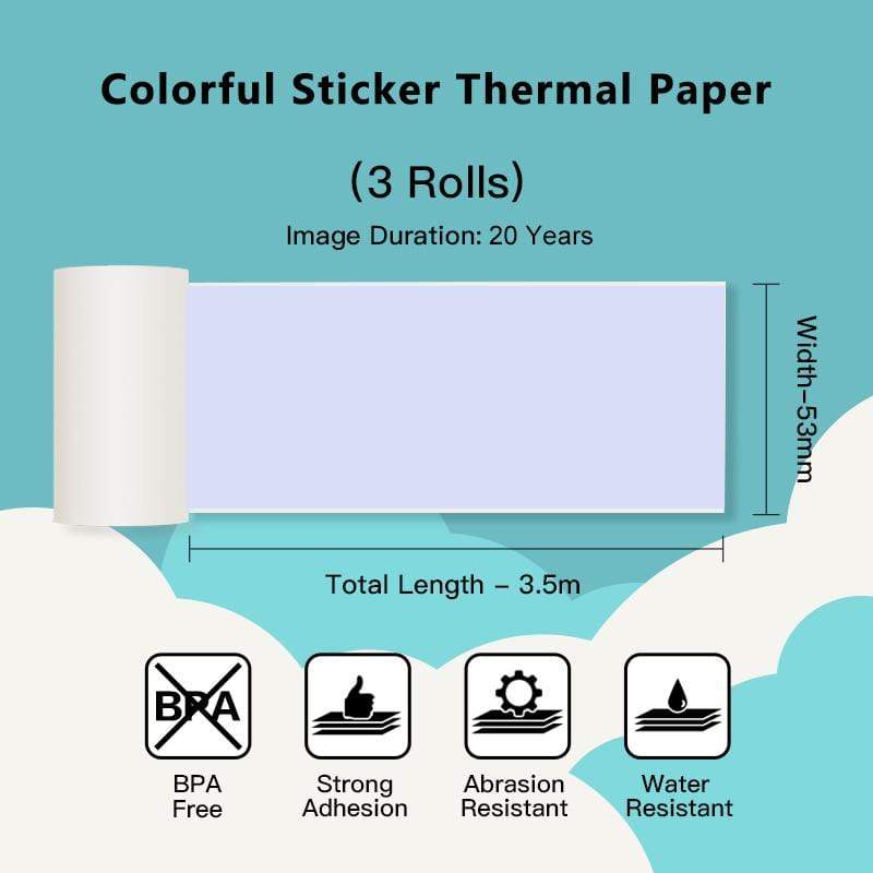 53mm Colorful Sticker 20-Year Long-Lasting Thermal Paper for M02 Series/ M03AS/ M04S/ M04ASح3 Rolls - Phomemo