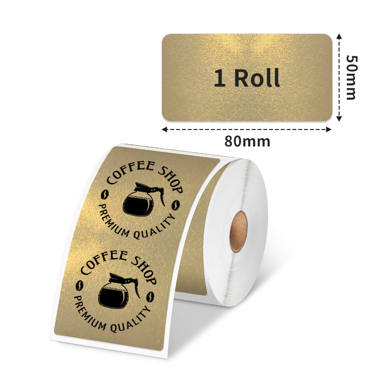 Phomemo square golden thermal label measures 50x80mm.