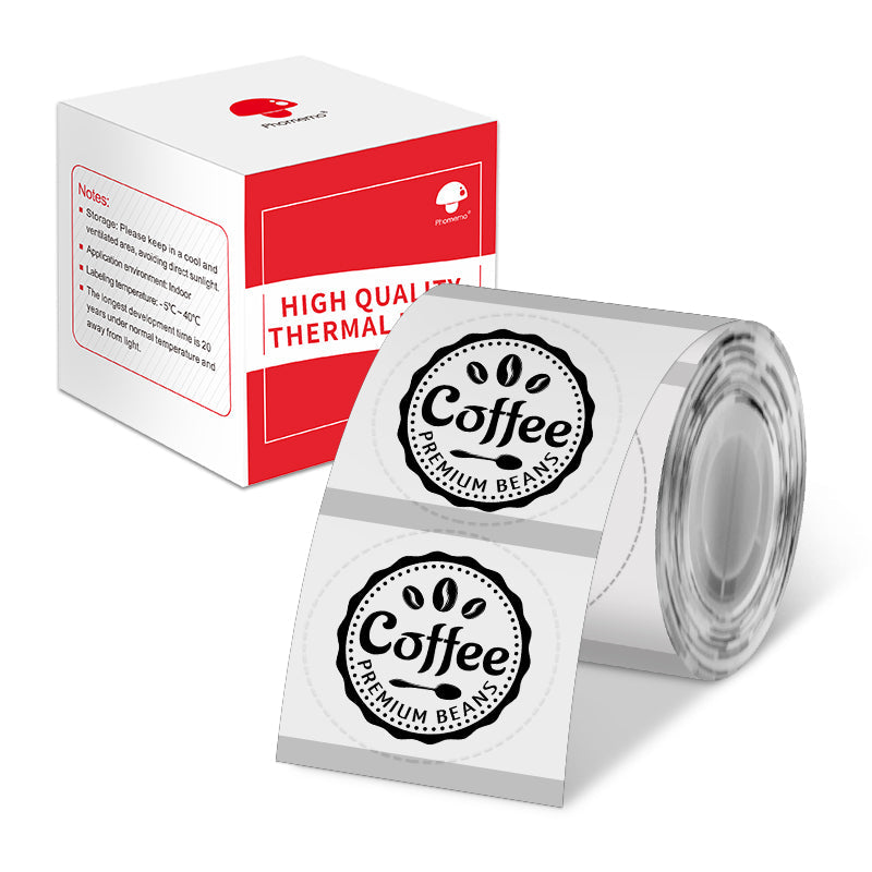 Phomemo 70x70mm round transparent thermal label, perfect for adding a shiny, eye-catching effect to your labels.