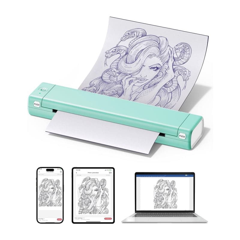 Cyan Phomemo M08F Tattoo Stencil Printer capable of printing high-quality tattoo stencils