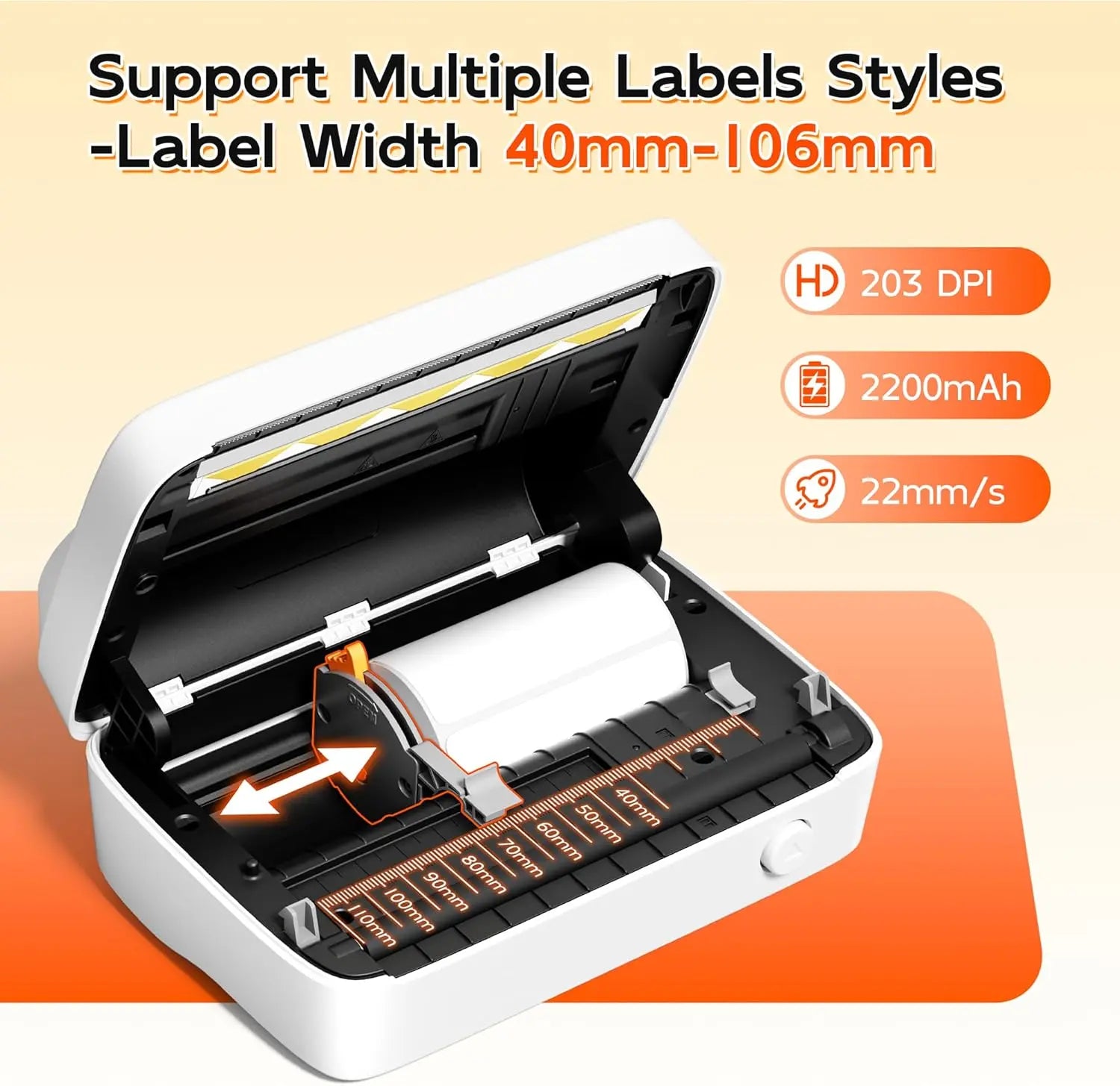 Phomemo M421 Bluetooth label printer, supports 40mm-106mm labels, 203 DPI, 2200mAh battery, 22mm/s speed.