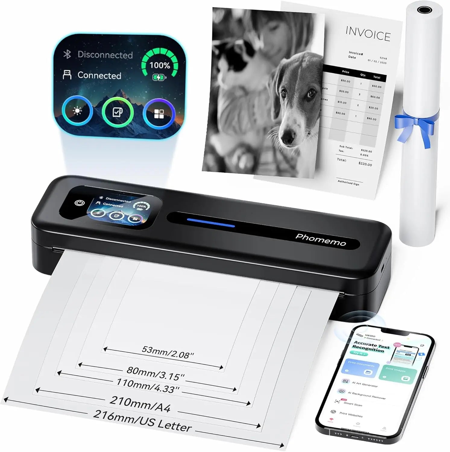 Phomemo portable scanner with smartphone app, scanned document, and photo of a dog and child.