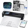 Phomemo portable scanner with smartphone app, scanned document, and photo of a dog and child.