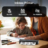 Child and adult drawing at table while Phomemo inkless printer outputs a design, with icons indicating no ink, toner, or ribbon needed.