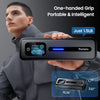 Person holding Phomemo portable printer in one hand, showing its 1.5 lb 10.39″×3.07″×1.77″ compact design and smart display.