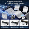Phomemo printer feeding US Letter contracts, A4 invoices, 4.33″ labels, 3.14″ images, and 2.08″ study notes, illustrating single-sheet, continuous, and roll thermal paper compatibility.