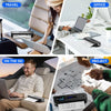 Four-panel collage showing Phomemo printer used during travel on a train, at an office desk, in-car on-the-go, and for project blueprint printing.