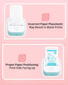 Phomemo transparent sticker paper placement tutorial for T02 printer showing correct vs incorrect installation