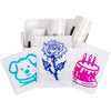 Phomemo transparent thermal sticker paper prints with cartoon dog, rose, and birthday cake using T02 mini printer