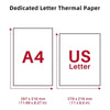 Phomemo chart comparing A4 and US Letter thermal paper sizes with dimensions in mm and inches