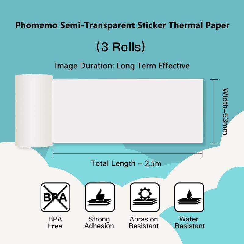 53mm Semi-Transparent Sticker Thermal Paper For M02 Series/ M03AS/ M04S/ M04ASح3 Rolls - Phomemo