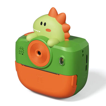 Phomemo photo printer for kids with green & orange design, featuring a cute dinosaur on top.