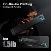 Person holding Phomemo M08D portable printer demonstrating compact size (12.8 in) and lightweight design (1.5 lb).