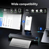 Phomemo M08D printing on a desk with smartphone, tablet and laptop showing wide OS compatibility and Bluetooth/USB connections.