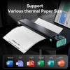 Phomemo M08D on desk printing A4 / US Letter paper with icons for Word, PDF, Excel, JPG and PPT file types.